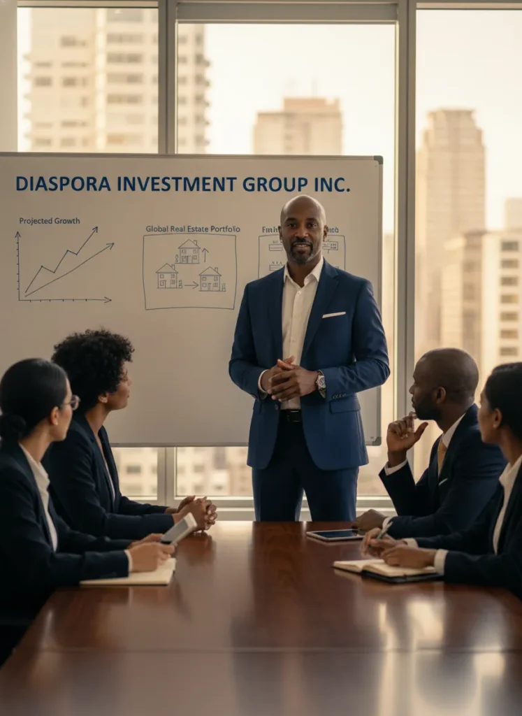A Black male executive presents investment strategies to a diverse team in a high-rise boardroom.