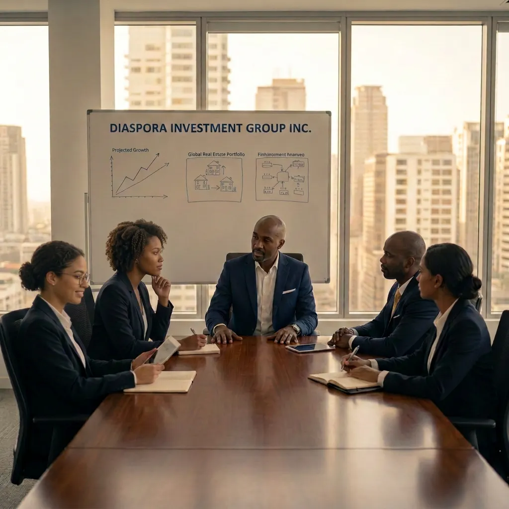 A diverse group of Black professionals discussing investment strategies at a conference table in a high-rise office.
